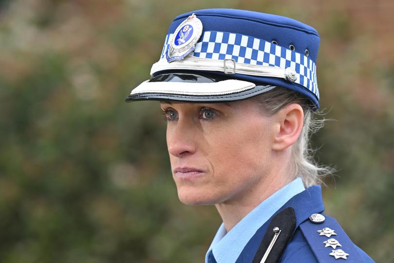 NSW Police Inspector Amy Scott at a press conference after receiving the Commissioners Valour Award from the NSW Police Commissioner Karen Webb during a ceremony welcoming 170 new probationary constables as part of the Class 362 Attestation Parade at the NSW Police Academy, McDermott Drive, Goulburn, in NSW, Friday, June 21, 2024. NSW Police Inspector Amy Scott shot and killed the Bondi Junction shopping centre stabber. (AAP Image/Mick Tsikas) NO ARCHIVING MICK TSIKAS