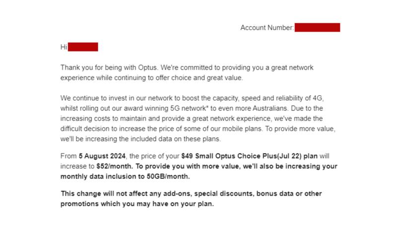 Existing customers received an email on Friday alerting them to a phone plan price increase from August 5.
