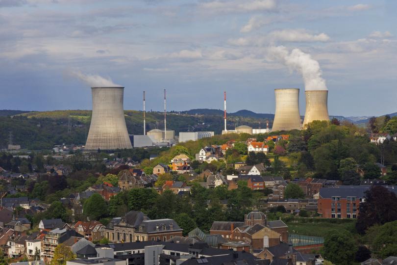 The city of Huy and the Tihange nuclear plant are seen from the cable car, in Huy. 