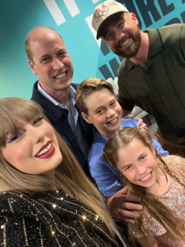 Happy Bday M8! London shows are off to a splendid start @KensingtonRoyal - Prince William, Charlotte and George pictured with Taylor Swift and boyfriend Travis Kelce at her London tour