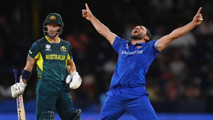 Gulbadin Naib of Afghanistan celebrates after dismissing Glenn Maxwell.