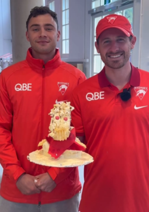 Swans player, Will Hayward with his recreation of the ‘duck cake.’