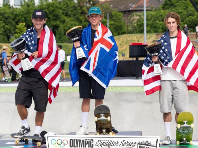 Australian skateboarder Keegan Palmer (centre) claimed gold in the men's park event in Budapest.