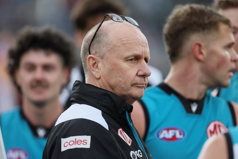 ADELAIDE, AUSTRALIA - JUNE 22: Ken Hinkley, Senior Coach of the Power during the 2024 AFL Round 15 match between the Port Adelaide Power and the Brisbane Lions at Adelaide Oval on June 22, 2024 in Adelaide, Australia. (Photo by James Elsby/AFL Photos via Getty Images)
