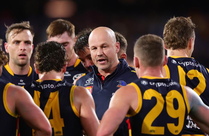 ADELAIDE, AUSTRALIA - JUNE 06: Matthew Nicks, Senior Coach of the Crows during the 2024 AFL Round 13 match between the Adelaide Crows and the Richmond Tigers at Adelaide Oval on June 06, 2024 in Adelaide, Australia. (Photo by Sarah Reed/AFL Photos via Getty Images)