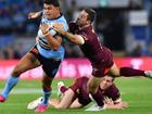 Queensland's Ben Hunt (right) says Latrell Mitchell (left) is not "in the heads" of the Maroons. (Darren England/AAP PHOTOS)