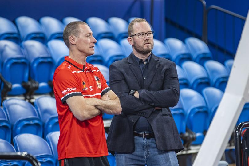 Wildcats coach John Rillie with Wildcats general manager of basketball operations Danny Mills.