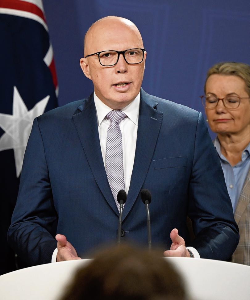 (L-R) Shadow Treasurer Angus Taylor, Opposition Leader Peter Dutton, and Deputy Leader of the Opposition Sussan Ley unveil details of proposed nuclear energy plan during a press conference at the Commonwealth Parliamentary Offices in Sydney, Wednesday, June 19, 2024. (AAP Image/Bianca De Marchi) NO ARCHIVING