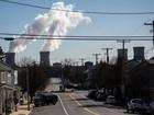 Steam rises out of the nuclear plant on Three Mile Island.