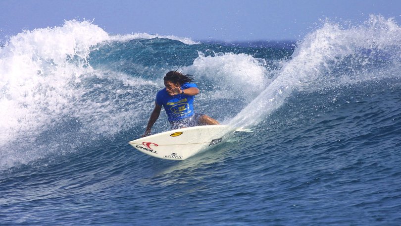 Tamayo Perry of Hawaii in action at the Billabong Pro trials in 2003 at Teahupoo, Tahiti.