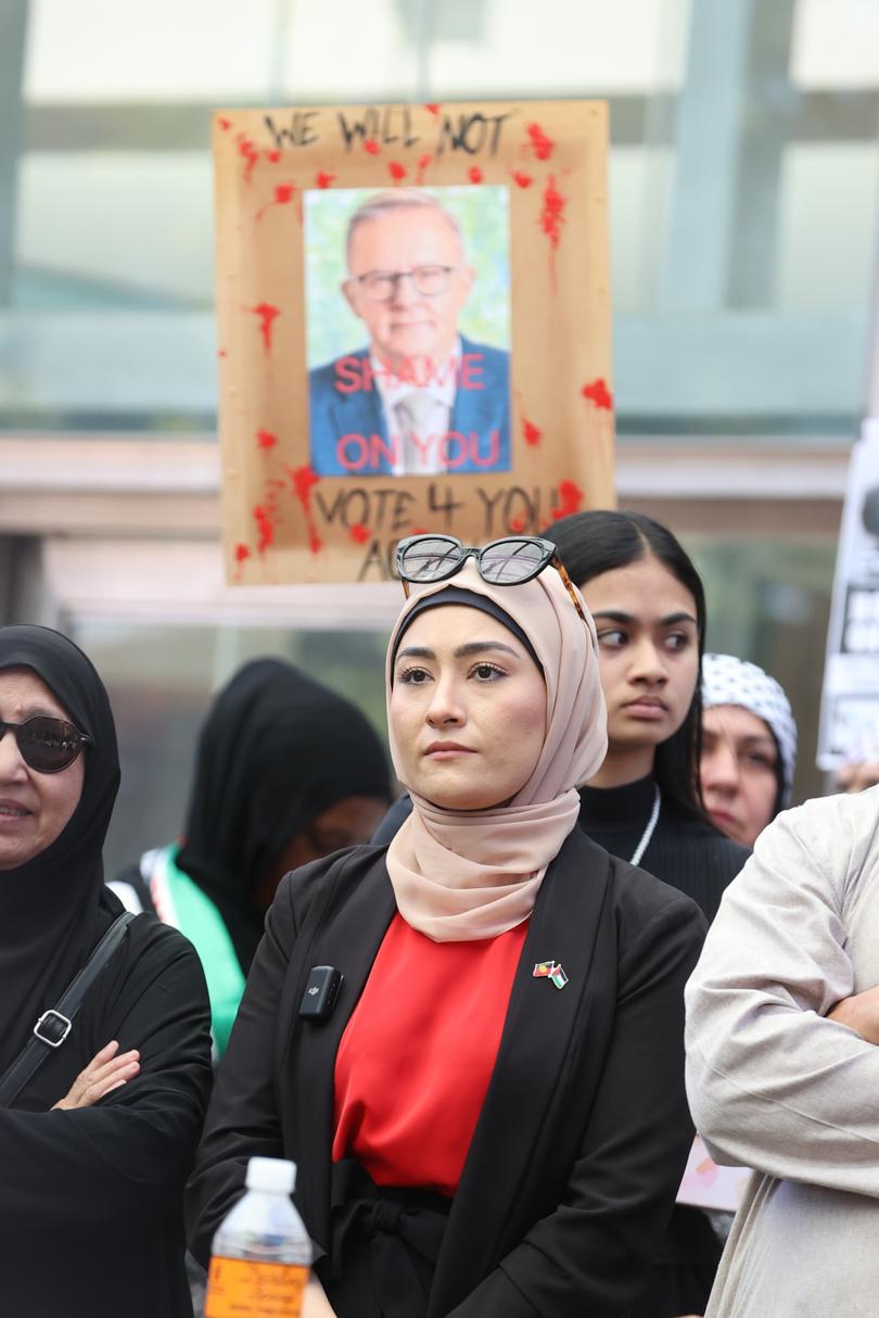 Thousands attended a pro-Palestine rally at Forrest Place today by Friends of Palestine. Pictured - Labor's Fatima Payman
