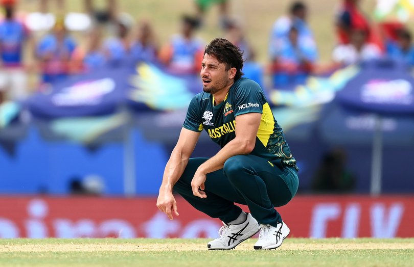 GROS ISLET, SAINT LUCIA - JUNE 24: Marcus Stoinis of Australia reacts during the ICC Men's T20 Cricket World Cup West Indies & USA 2024 Super Eight match between Australia and India at Daren Sammy National Cricket Stadium on June 24, 2024 in Gros Islet, Saint Lucia. (Photo by Gareth Copley/Getty Images)