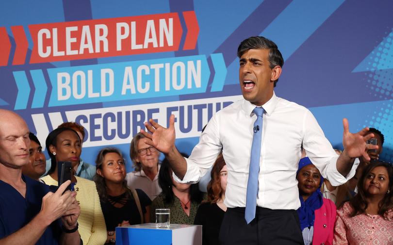 British Prime Minister Rishi Sunak speaks at a Conservative Party election campaign event in London.