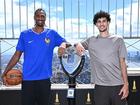 Alex Sarr and fellow likely top draftee Zaccharie Risacher atop the Empire State Building in New York.