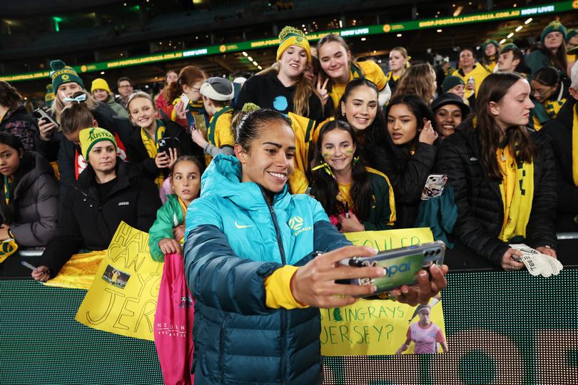 SYDNEY, AUSTRALIA - JUNE 03:  Mary Fowler of Australia interacts with fans after the international friendly match between Australia Matildas and China PR at Accor Stadium on June 03, 2024 in Sydney, Australia. (Photo by Matt King/Getty Images)