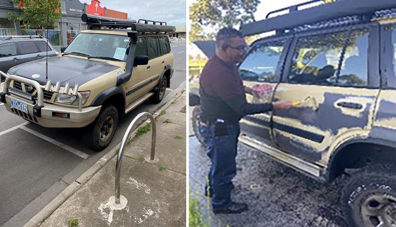 Police surveillance photo of Greg Lynn's painted Nissan Patrol, left, and Greg Lynn painting his Nissan Patrol in June 2020.