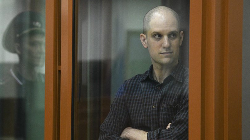 Evan Gershkovich appeared in a glass box with his head shaved during his court appearance.