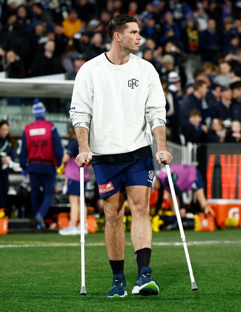 MELBOURNE, AUSTRALIA - JUNE 21: Tom Hawkins of the Cats is seen on crutches after the 2024 AFL Round 15 match between the Carlton Blues and the Geelong Cats at The Melbourne Cricket Ground on June 21, 2024 in Melbourne, Australia. (Photo by Michael Willson/AFL Photos via Getty Images)