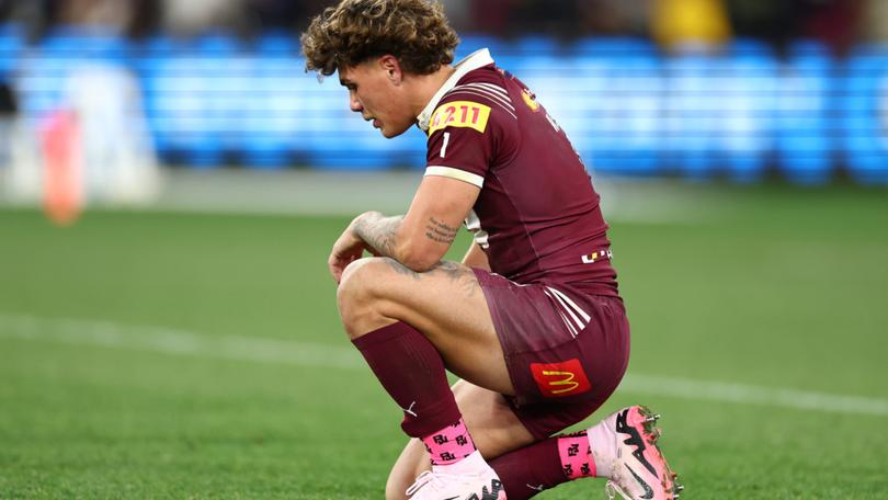 MELBOURNE, AUSTRALIA - JUNE 26: Reece Walsh of the Maroons looks dejected after a loss following game two of the men's State of Origin series between New South Wales Blues and Queensland Maroons at the Melbourne Cricket Ground on June 26, 2024 in Melbourne, Australia. (Photo by Quinn Rooney/Getty Images)