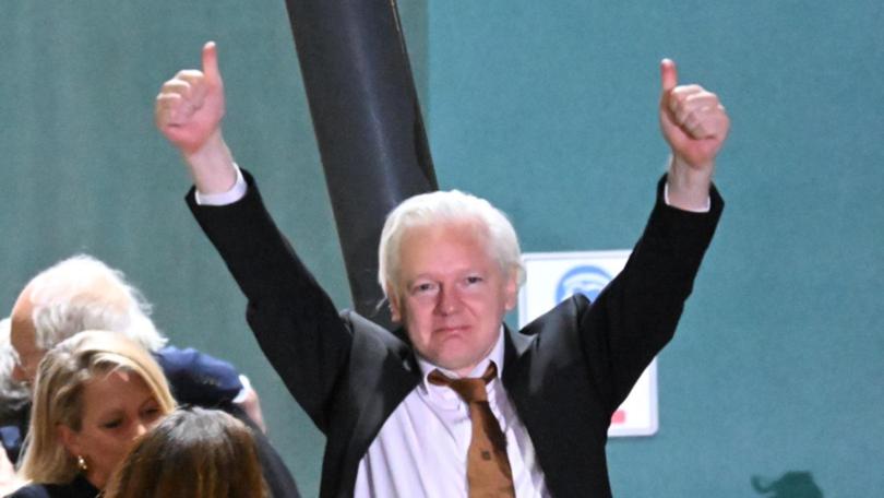 Julian Assange waves at supporters (file image)