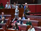 Labor Senator Fatima Payman walks with Independent Senator David Pocock as she crosses the floor to a motion moved by the Australian Greens to recognize the State of Palestine.