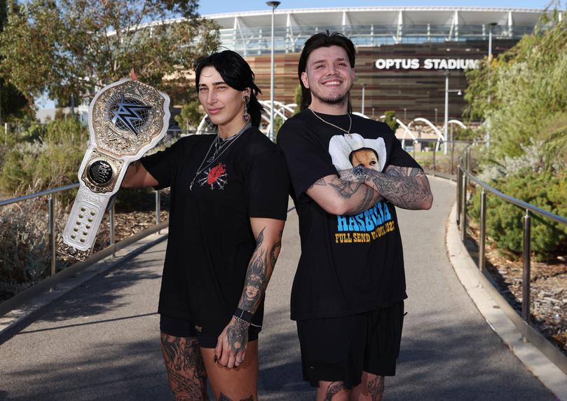 WWE stars Rhea Ripley and Dominik Mysterio are in Perth ahead of the WWE Elimination Chamber event in February. Pictured are Rhea and Dominik at the Optus Stadium in Burswood