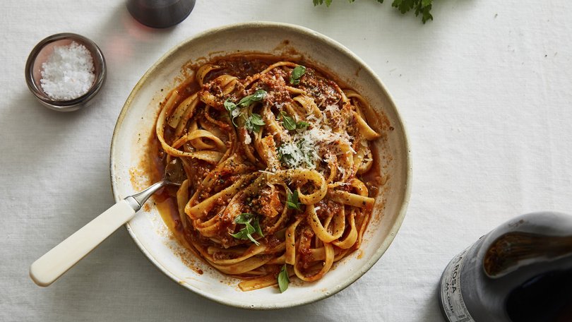 Alison Roman’s quick lamb ragu is warm, luxurious and something you’ll want to keep close on very cold days. Prop stylist: Kalen Kaminski. 