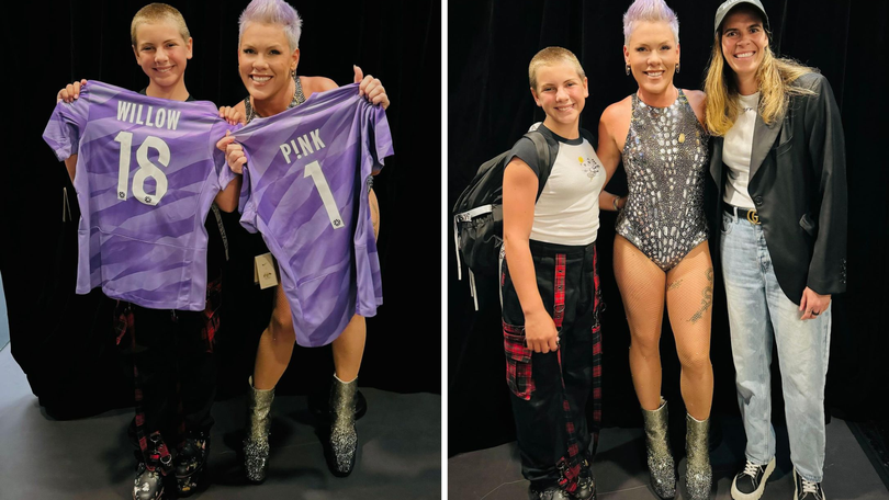 Pink and daughter Willow with Matildas player Lydia Williams during her tour in Sydney.