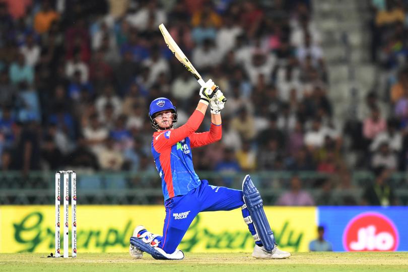 Delhi Capitals' Jake Fraser-McGurk plays a shot.