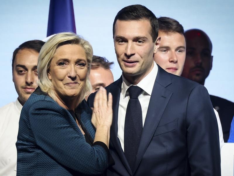 French far-right National Rally's Marine Le Pen and Jordan Bardella