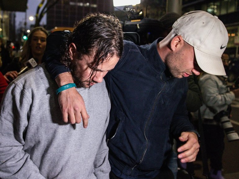 Former Home and Away star Orpheus Pledger (centre) has been bailed to await sentencing. (Diego Fedele/AAP PHOTOS)