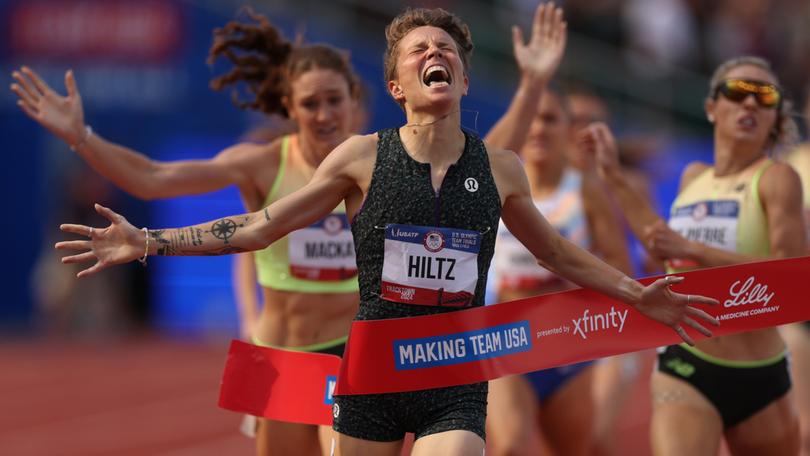 Nikki Hiltz celebrates crossing the finish line to win the women's 1500 meter final on Day Ten of the 2024 U.S. Olympic Team Track & Field Trials at Hayward Field on June 30, 2024 in Eugene, Oregon.