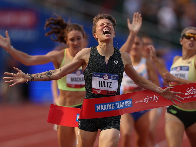 Nikki Hiltz celebrates crossing the finish line to win the women's 1500 meter final on Day Ten of the 2024 U.S. Olympic Team Track & Field Trials at Hayward Field on June 30, 2024 in Eugene, Oregon.