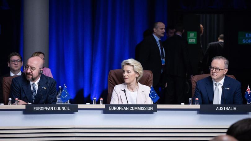 (L-R) European Council President Charles Michel, European Commission President Ursula von der Leyen and Australian Prime Minister Anthony Albanese during the North Atlantic Council meeting with Sweden, Indo-Pacific Partners, and the EU at the NATO ​summit in Vilnius, Lithuania, 12 July 2023. 