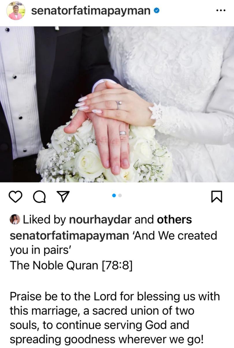Senator Fatima Payman announces that she got married on Instagram.