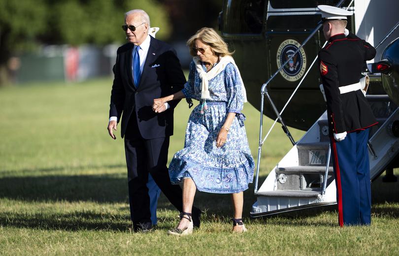 President Joe Biden and first lady Jill Biden arrive at Fort Lesley J. McNair in Washington on Monday, July 1, 2024. Biden is cleareyed about his uphill battle to convince voters, donors and the political class that his debate performance was an anomaly, allies said. (Doug Mills/The New York Times)