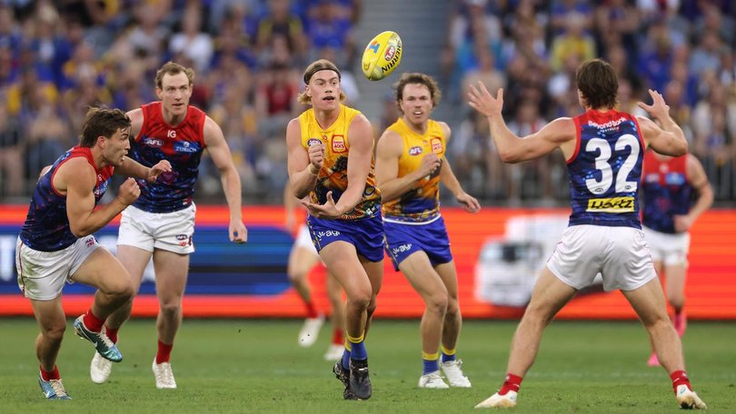 West Coast's Harley Reid (centre) gave the Demons a torrid time when the teams met in Perth in May. (Richard Wainwright/AAP PHOTOS)