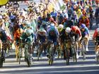 Dylan Groenewegen (far right) of Team Jayco AlUla breaks for the line to win the sixth stage sprint. (EPA PHOTO)