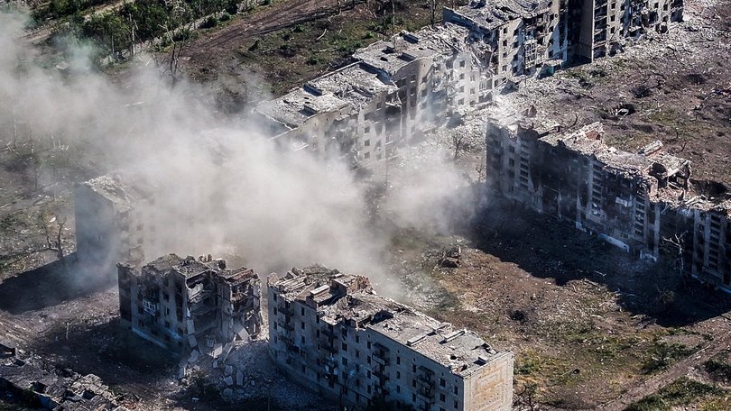 An aerial view of the ruins of the Ukrainian city of Chasiv Yar.   