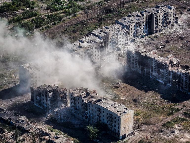 An aerial view of the ruins of the Ukrainian city of Chasiv Yar.   