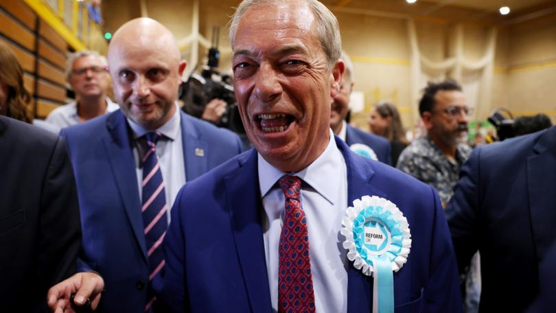Reform UK leader Nigel Farage reacts after winning the Clacton and Harwich constituency.