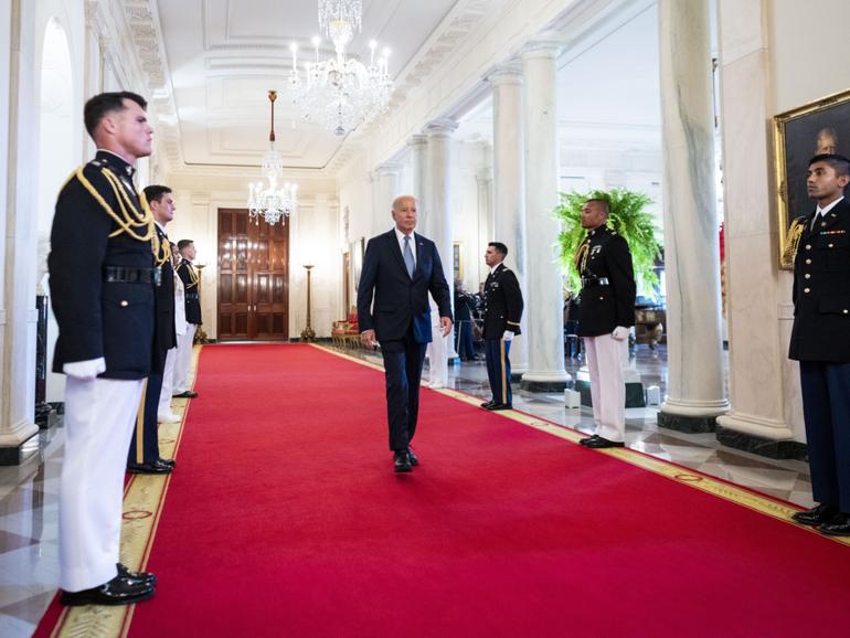 President Joe Biden arrives for a Medal of Honor ceremony at the East Room of the White House in Washington, July 3, 2024. The president’s opening remark to a group of key Democratic leaders — that he was in the race to stay — chilled any talk of his withdrawal, participants said. (Doug Mills/The New York Times) 