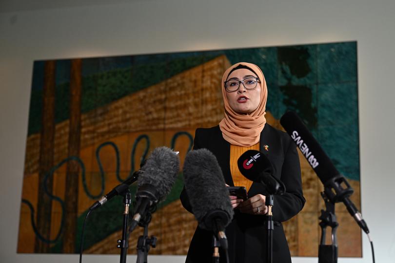 Labor Senator Fatima Payman speaks to the media during a press conference at Parliament House in Canberra, Thursday, July 4, 2024. (AAP Image/Lukas Coch) NO ARCHIVING