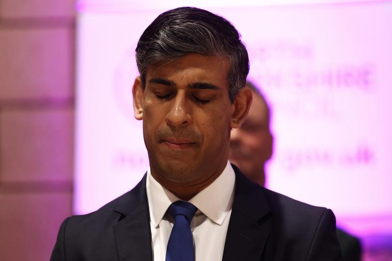 NORTHALLERTON, ENGLAND - JULY 5: British Prime Minister Rishi Sunak reacts as he waits for the count and declaration for the Richmond and Northallerton constituency during the UK general election on July 5, 2024 in Northallerton, England. The incumbent MP is the Prime Minister and Conservative Party Leader Rishi Sunak. (Photo by Darren Staples - WPA Pool/Getty Images)