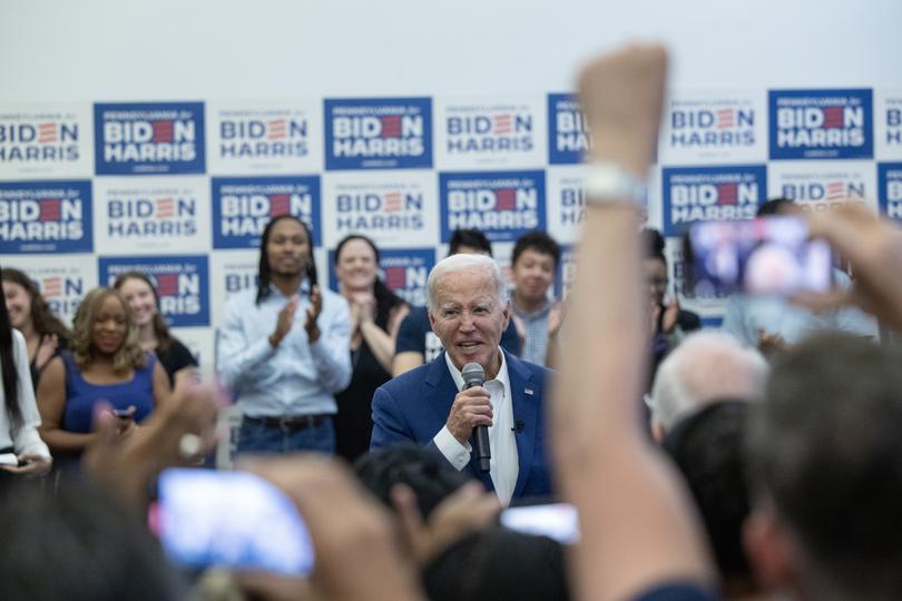 President Joe Biden speaks while visiting a campaign office in Philadelphia on Sunday, July 7, 2024. (Tom Brenner/The New York Times)