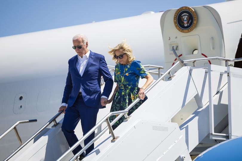 President Joe Biden and first lady Jill Biden arrive at Harrisburg International Airport in Middletown, Pa., on Sunday, July 7, 2024. (Tom Brenner/The New York Times)