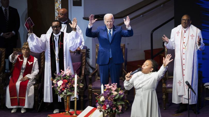 President Joe Biden attends a church service at Mt. Airy Church of God at Christ in Philadelphia, on Sunday, July 7, 2024. (Tom Brenner/The New York Times)