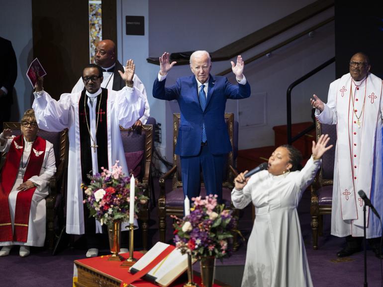 President Joe Biden attends a church service at Mt. Airy Church of God at Christ in Philadelphia, on Sunday, July 7, 2024. (Tom Brenner/The New York Times)