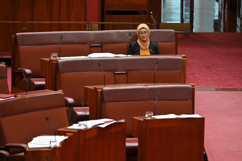 Labor Senator Fatima Payman sits on the crossbench during Question Time in the Senate chamber at Parliament House in Canberra, Thursday, July 4, 2024. (AAP Image/Mick Tsikas) NO ARCHIVING