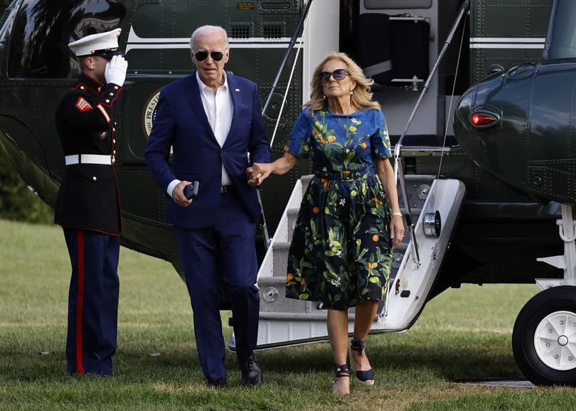 WASHINGTON, DC - JULY 07: U.S. President Joe Biden and first lady Jill Biden return to the White House with first lady Jill Biden on July 7, 2024 in Washington, DC. Members of Congress return to Washington this week as pressure for Biden to withdraw as the Democratic nominee for the presidency continues to mount. (Photo by Kevin Dietsch/Getty Images)